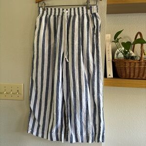 Blue and White Striped Wide-Leg Pants